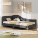 Rivet-tufted platform bed in gray linen with metal legs, ideal as a daybed or sofa for versatile use.