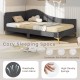 Rivet-tufted platform bed in breathable linen fabric with metal legs, ideal as a daybed or sofa for versatile use.