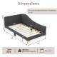 Twin size rivet-tufted platform bed with metal legs, wood slats, and dimensions for versatile use as a daybed or sofa.