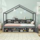 Twin size house bed in gray with roof, featuring 14 storage cubes and an enclosed cabinet for kids' toys and books.