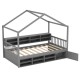 Twin size gray house bed with roof, 14 storage cubes, and enclosed cabinet for organized children's room.