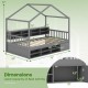 Twin size house bed in gray with roof, 14 storage cubes, and enclosed cabinet for organized children's space.