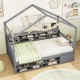Twin size house bed in gray with roof, featuring 14 storage cubes and an enclosed cabinet for toys and books.