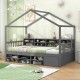 Twin size house bed in gray with roof, featuring 14 storage cubes and an enclosed cabinet for kids' room organization.