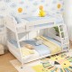 Low-profile twin over full bunk bed in white with cozy bedding, perfect for children's rooms or shared spaces.