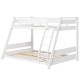 Twin over full low bunk bed in white with reversible ladder and guardrails, ideal for kids' rooms or guest spaces.