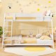 Twin over full low bunk bed in white with reversible ladder, ideal for kids' rooms and space-saving solutions.