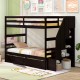 Twin over twin bunk bed in coffee finish with storage stairs and drawers, ideal for kids' rooms and organization.