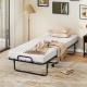 Cot size folding bed frame with memory foam mattress, featuring a metal frame and wheels for easy storage and movement.