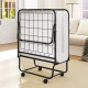 Folding bed frame with memory foam mattress, heavy-duty metal construction, ideal for guest rooms or small spaces.