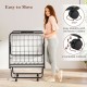 Folding bed frame with memory foam mattress, featuring a heavy-duty metal frame and 360° mobility for easy storage.