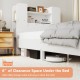 Twin size wooden platform bed frame in white with bookcase headboard and 6" under-bed clearance for storage.