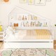 House-shaped full size daybed in white with twin size trundle and storage cubes, perfect for children's rooms.
