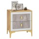 Nightstand with elegant marble motifs, two pull-out drawers, and sturdy metal legs for bedroom or living room use.