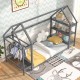 Twin size Montessori floor house bed in grey with detachable storage shelves and coat rack, perfect for kids' rooms.
