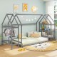 Twin size Montessori floor house bed in grey with detachable storage shelves, perfect for kids' rooms and play areas.