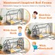 Twin size Montessori floor house bed in grey with detachable storage shelves, coat rack, and bookshelf for kids' room.
