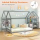 Twin size Montessori floor house bed in grey with detachable storage shelves and anti-tipping kits for added safety.