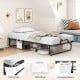 Twin size folding bed with 5-inch mattress, featuring a heavy-duty metal frame and side storage pocket for convenience.