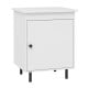 White mid-century nightstand with a door, ample storage, and four metal legs for living room or bedroom use.