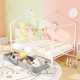 Full size white metal house bed with two fabric drawers, featuring a playful design for kids' rooms and organized.