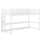 Twin size loft bed in white with storage shelves, full-length guardrails, and sturdy ladder for space-saving.