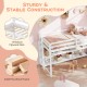 Twin size loft bed in white with solid pine wood frame, 14 plywood slats, and two storage shelves for organization.