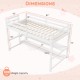 Twin size loft bed with dimensions, featuring solid pine wood, storage shelves, and full-length guardrails for safety.