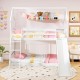 Twin over twin house bunk bed in white with slide and ladder, perfect for kids' fun and playroom decor.