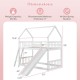 Dimensions of the Twin Over Twin House Bunk Bed with Slide, featuring a solid wood frame and no box spring needed.