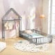 Twin size house floor bed in gray with house-shaped headboard and drying rack, perfect for kids' independence and.