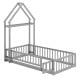 Twin size gray house floor bed with headboard, low-to-ground design, and secure guardrails for kids' safety.
