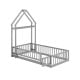 Twin size house floor bed in gray with house-shaped headboard and secure guardrails for kids' room fun and safety.