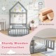 Twin size house floor bed in gray with house-shaped headboard and full-length guardrails for secure sleeping.