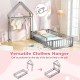 Twin size house floor bed in gray with house-shaped headboard and versatile clothes hanger for kids' room decor.