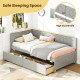 Twin size gray daybed with high guardrails and two storage drawers, ideal for guest sleeping and space-saving.