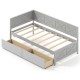 Twin size gray daybed with two storage drawers, featuring sturdy wooden construction and no box spring needed.