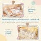 Twin size Montessori floor bed in white with high fence and door, designed for safety and independence in kids' play.