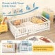 Twin size floor bed with 21.5" high fence rails in white, designed for safety and independence for kids.