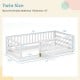 Twin size floor bed with high fence and door, crafted from sturdy pine wood for kids' safety and independence.