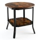 Round 2-tier end table with rustic brown MDF top and black steel frame, ideal for living room or bedroom storage.