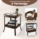 Round 2-tier end table with rustic brown MDF top and black steel frame, ideal for living room storage and display.