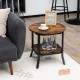 Round 2-tier side table in rustic brown with black frame, perfect for living room storage and decor.