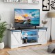 White TV stand for 65 inch TVs featuring adjustable shelves, LED lights, and two sliding doors for living room.
