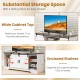 White TV stand for 65-inch TVs featuring sliding doors, adjustable shelves, and LED lights for versatile storage.