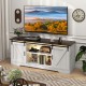 TV stand for 65-inch TVs in white with adjustable shelves, LED lighting, and sliding doors for living room organization.