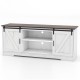 White TV stand for 65-inch TVs featuring sliding doors, adjustable shelves, and LED lighting for living room use.