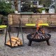 Triangle firewood rack in black with raised base, holding logs, ideal for outdoor fire pits and fireplaces.