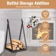 Triangle firewood rack in black with sturdy steel frame, raised base for dry storage, ideal for indoor and outdoor use.
