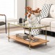 Rectangle glass coffee table with gold steel frame and wooden shelf, featuring a modern design for versatile living.